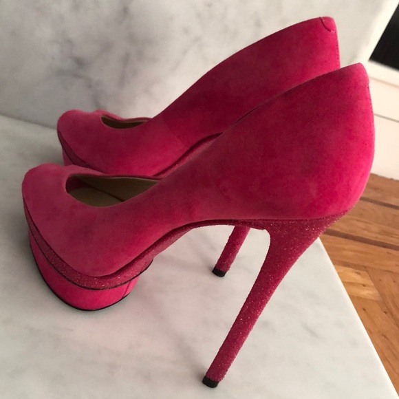 B Brian Atwood Hot Pink Suede and Sparkle Heels - Picture 5 of 5